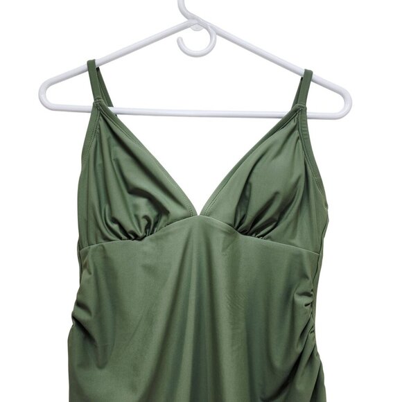 Olive Green One-Piece Swimsuit Adjustable Straps Ruched Design  Size M Womens - Picture 5 of 6